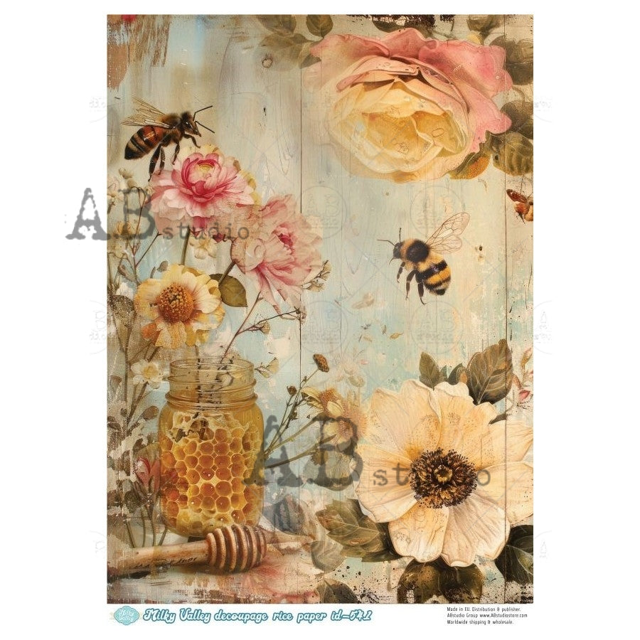 Honeybees with white and pink flowers with honeycomb AB Studio Rice Papers