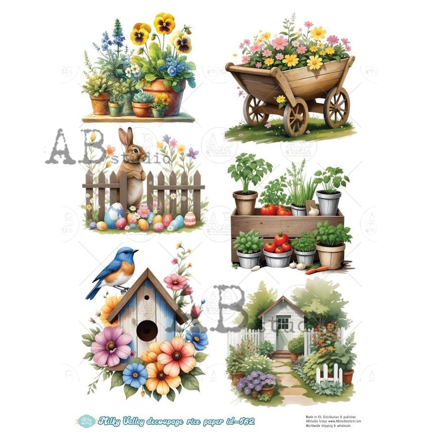 Multi-color flowers with bird house wheel barrow and vegetable garden AB Studio Rice Papers