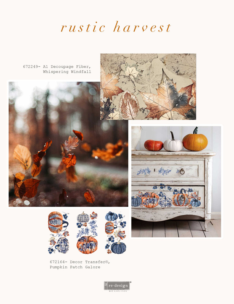 Rub on transfer with fall designs centered around pumpkins and leaves in varying colors and sizes. From traditional orange pumpkins to blue and white ones adorned with gorgeous blue floral prints