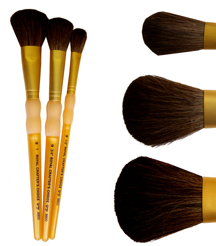 Three golden paint brushes with camel hair bristles and no-slip rubber grips.