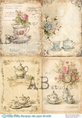 vintage tea cups on script paper AB Studio Rice Papers