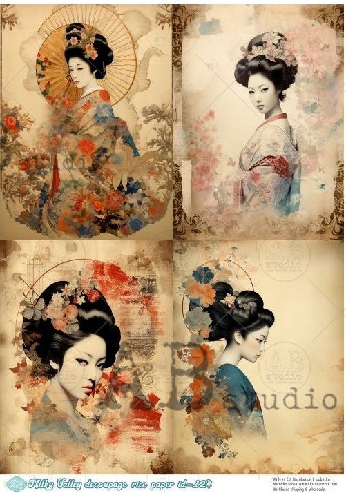 asian women with blossoms on vintage paper AB Studio Rice Papers