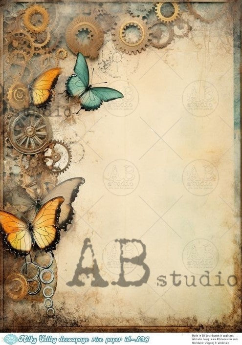 blue and yellow butterflies with cog frame on tan AB Studio Rice Papers