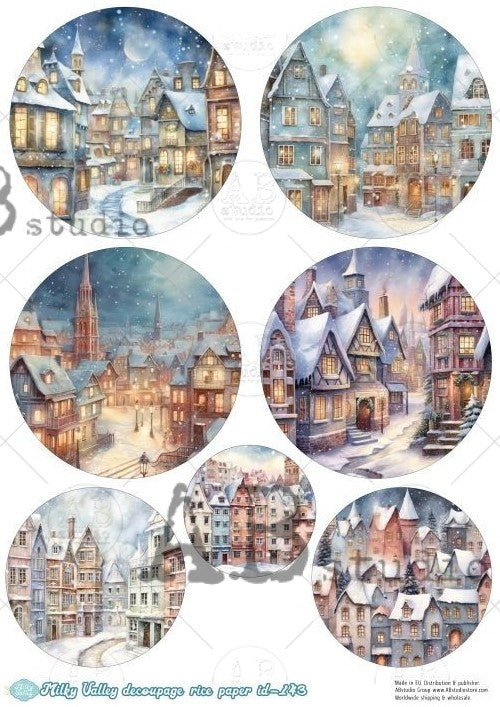 victorian Christmas snowy city scenes in circles AB Studio Rice Papers