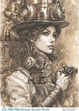 vintage lady in gray scale with steampunk hat 