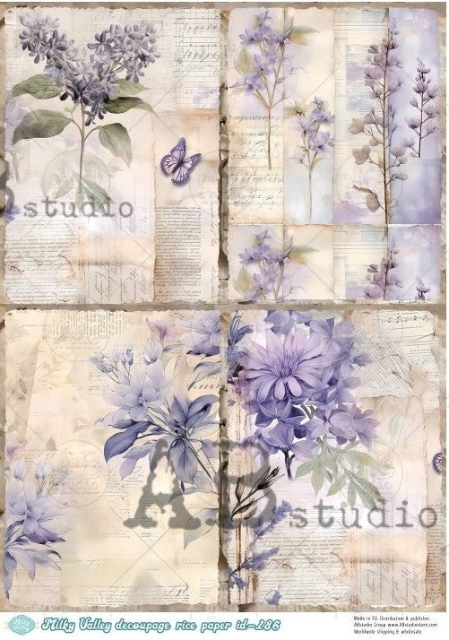 purple flowers on vintage newpaper scraps AB Studio Rice Papers