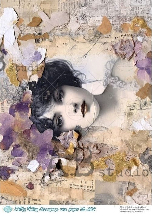 vintage lady with paper fragments and purple splotches AB Studio Rice Papers