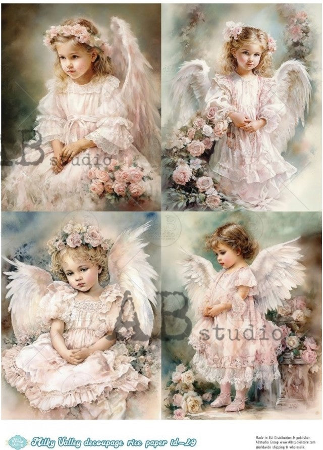 young Vintage angels with  roses AB Studio Rice Papers