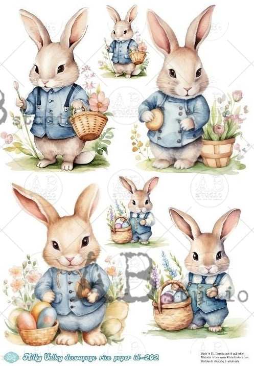 vintage bunnies in blue jackets with baskets with eggs AB Studio Rice Papers