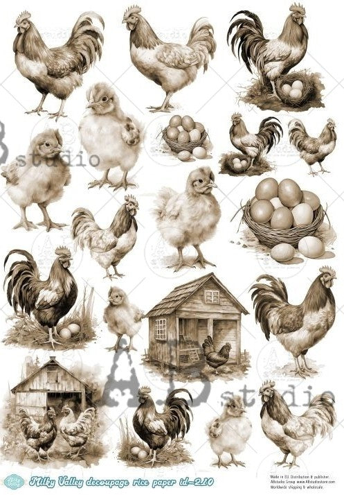 grayscale vintage chicks and eggs AB Studio Rice Papers