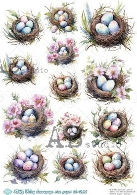 bird eggs in nests with pink flowers AB Studio Rice Papers