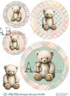 vintage teddy bear in circles of pink and green patterns AB Studio Rice Papers