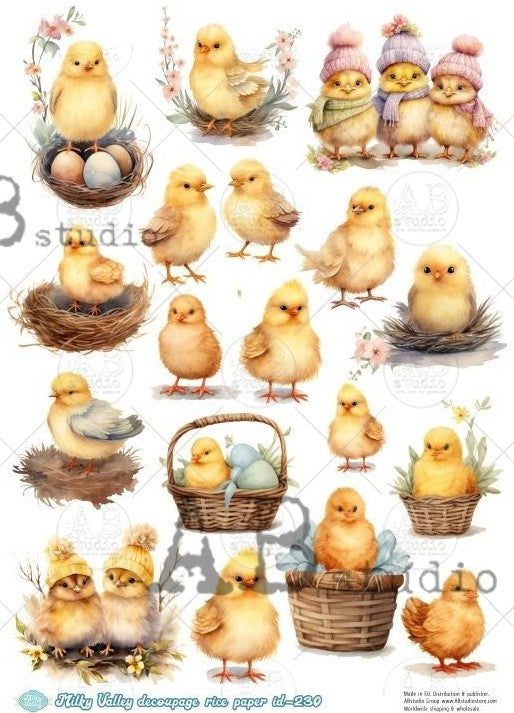 yellow chicks with eggs and in winter hats and scarfs AB Studio Rice Papers