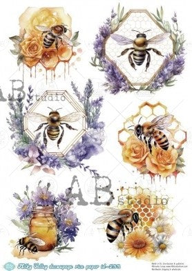 bees in lavender wreaths and honey jar and  honey combe  AB Studio Rice Papers