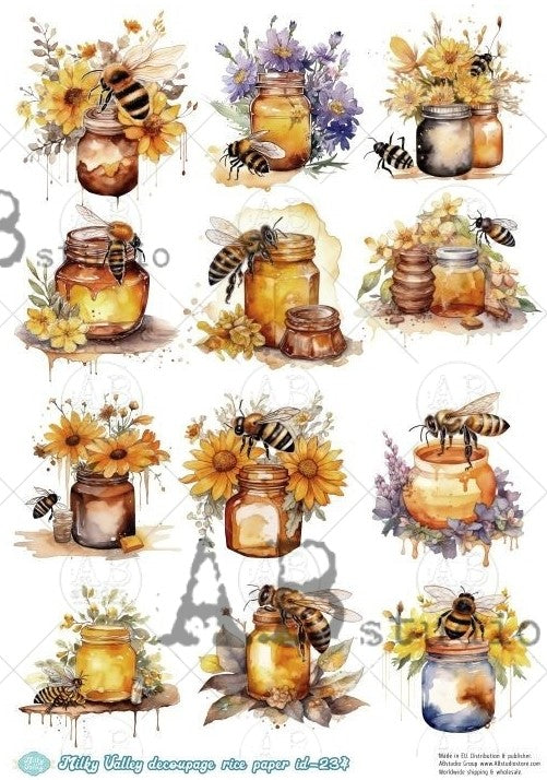 honey bees with honey jars and yellow flowers AB Studio Rice Papers