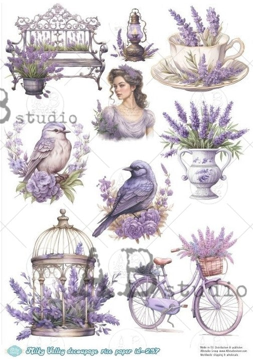 purple flowers bird, bike lady in purple dress, lantern and tea cups AB Studio Rice Papers
