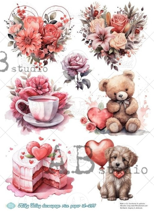 valentine flowers bouquets and teddy bear and puppy with red cakes AB Studio Rice Papers