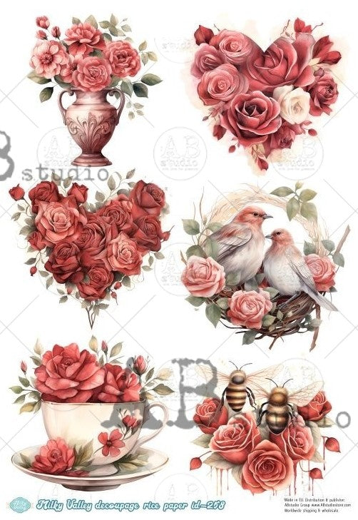 red roses in heart and bouquets with birds and tea cups AB Studio Rice Papers