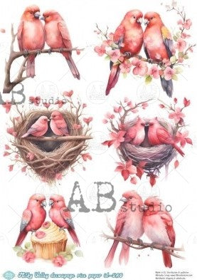 pink and red birds on branches and in nests AB Studio Rice Papers