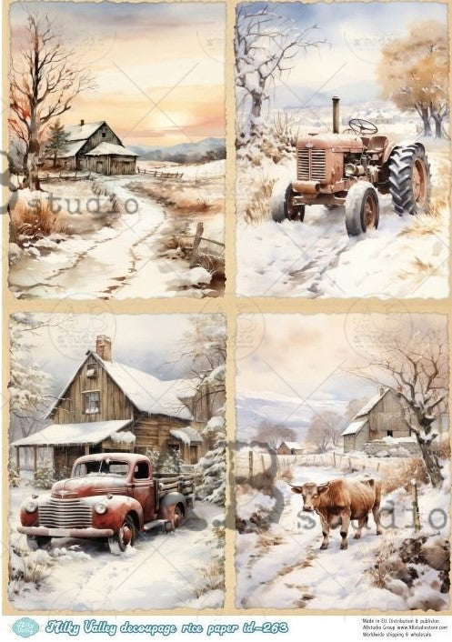 snow scenes of farm with tractors, red truck and cow AB Studio Rice Papers