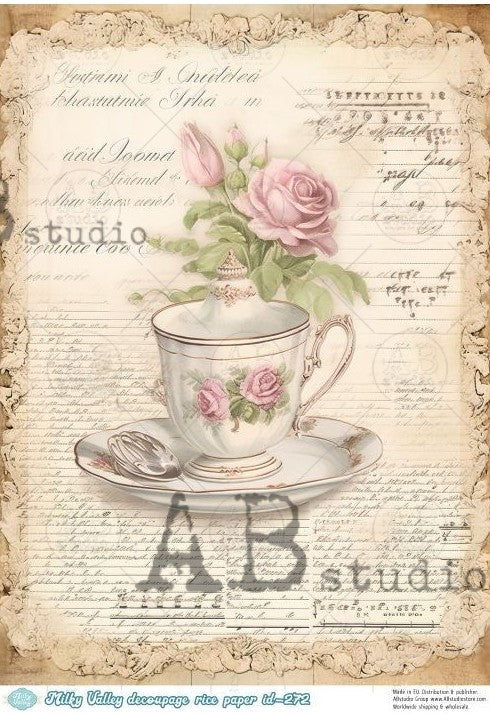 vintage tea cup with pink blossoms on script paper AB Studio Rice Papers