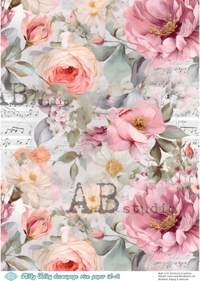 pink blossoms with green leave on music staff paper