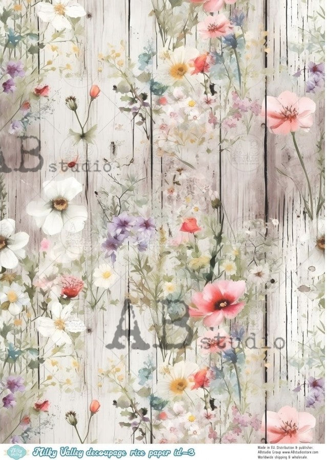white pink and purple blossom on whitewash fence planking AB Studio Rice Papers