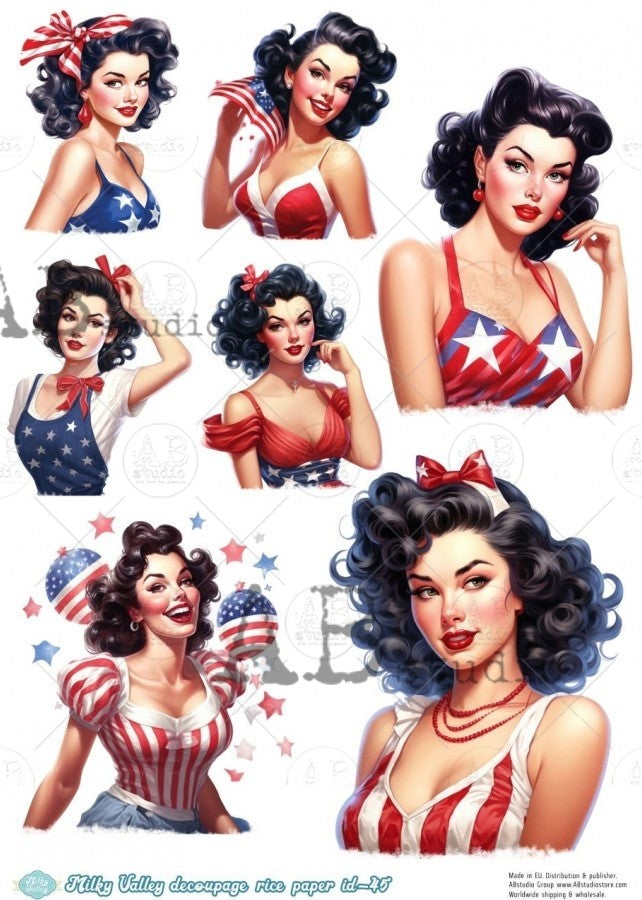 vintage pin up girls in red white and blue outfits AB Studio Rice Papers