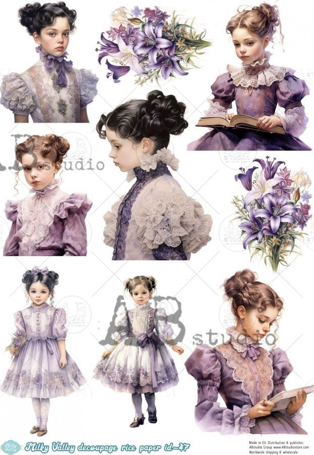 vintage school girls in purple dresses with books AB Studio Rice Papers