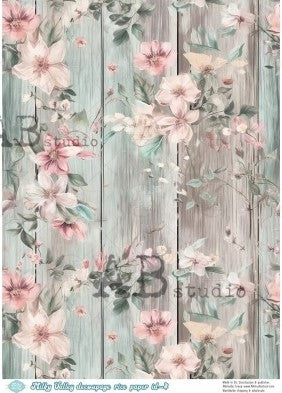 pink blossoms on blue fence planking AB Studio Rice Papers