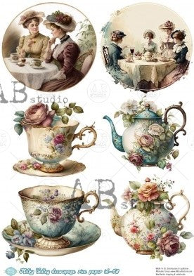 vintage tea party in circles with ladies and vintage tea settings AB Studio Rice Papers