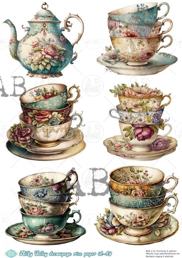 vintage tea cup and kettle settings AB Studio Rice Papers