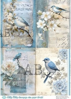 blue and white bires on branches with blue and white flowers and bird cage AB Studio Rice Papers