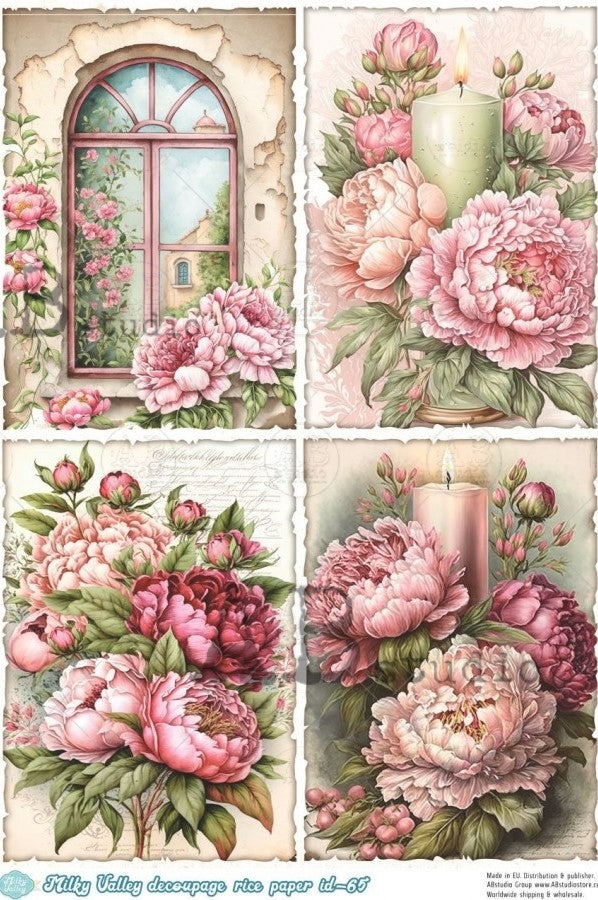 pink and orange blossoms on window seal and with vintage candles AB Studio Rice Papers