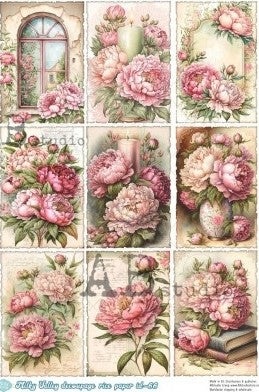 pink blossoms in vases and vintage window  and books AB Studio Rice Papers