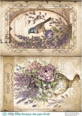 purple blossoms and lilac  in vases and bird vintage post cards AB Studio Rice Papers