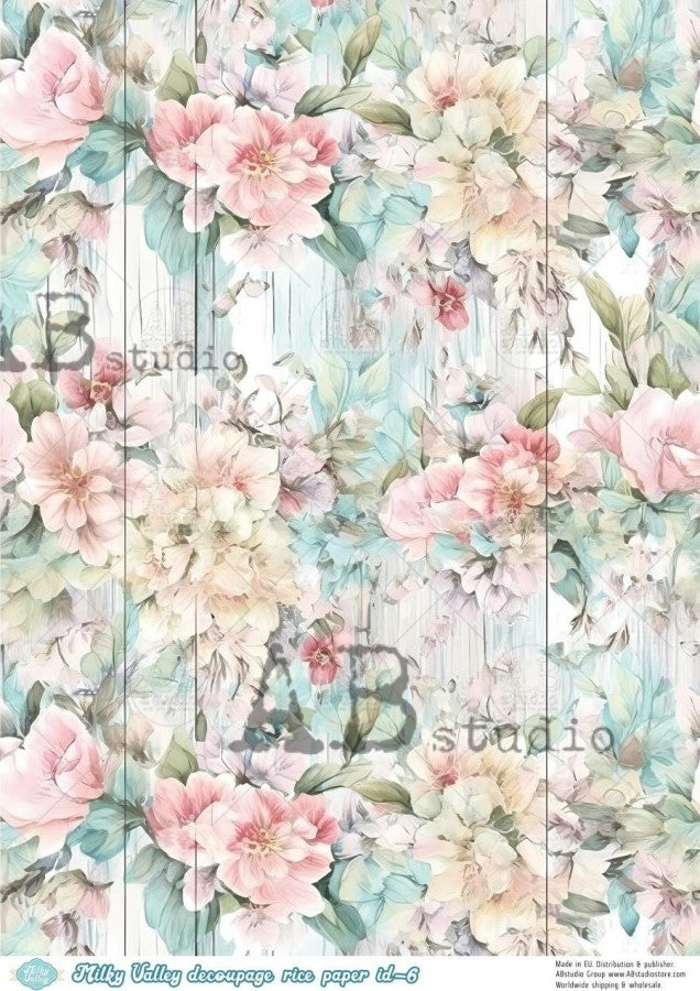 pastel colored flowers on blue fence planking AB Studio Rice Papers