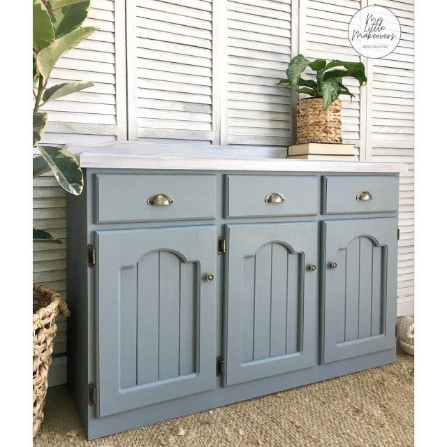 gray Wharf silk paint from Dixie Belle on cabinets