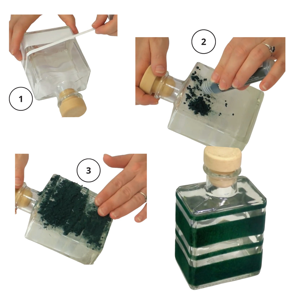 Step-by-step process of using a glass bottle with a cork stopper, showing the addition of green velvet powder.