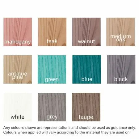 Polyvine Wood Dye with Color chart featuring 11 shades including mahogany, teak, pine, green, walnut, oak, grey, blue, black and taupe.