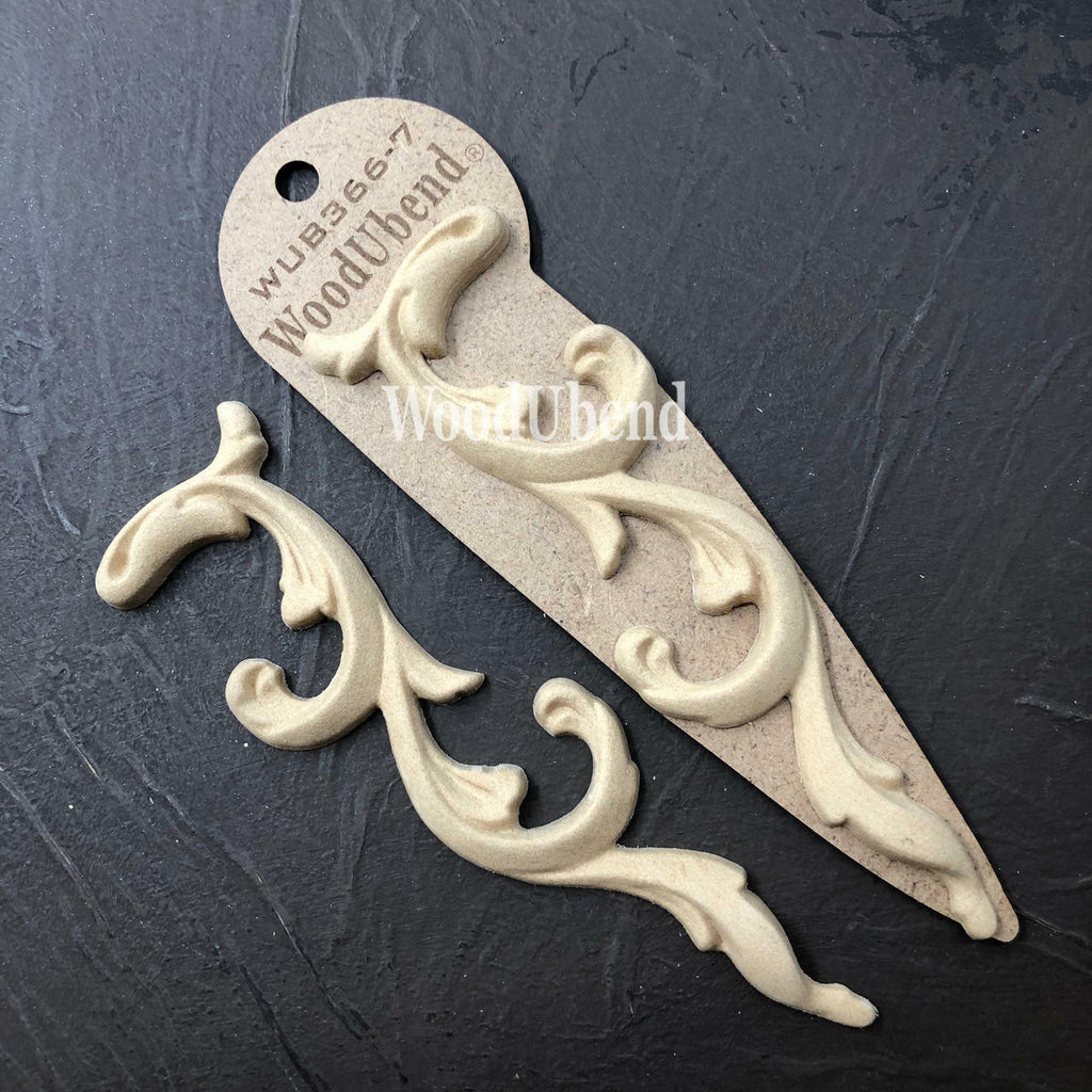 WoodUbend Applique #366-7 – Set of 2 rose-shaped mouldings, perfect for bending and painting with Dixie Belle Paint on furniture or craft projects.