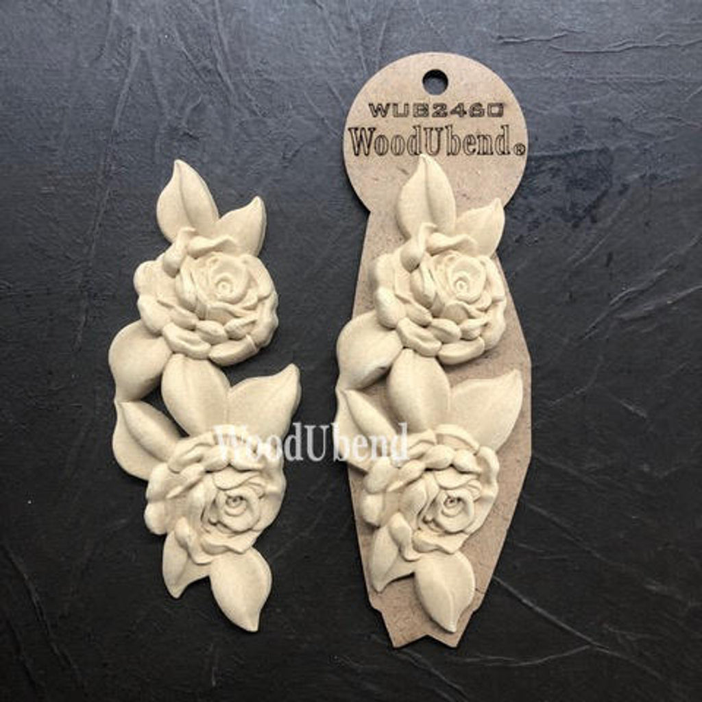 WoodUbend Floral Applique #2460 – Set of 2 rose-shaped mouldings, perfect for bending and painting with Dixie Belle Paint on furniture or craft projects.