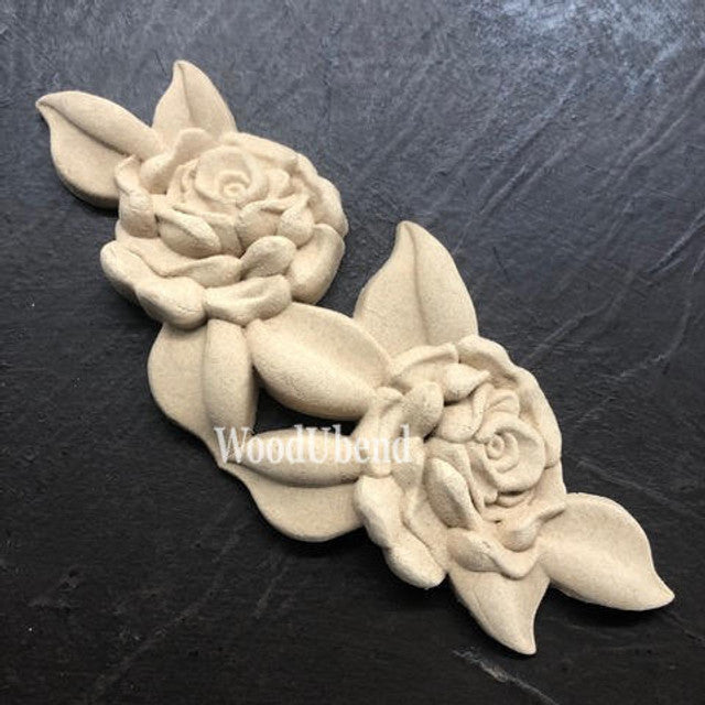 WoodUbend Floral Applique #2460 – Set of 2 rose-shaped mouldings, perfect for bending and painting with Dixie Belle Paint on furniture or craft projects.