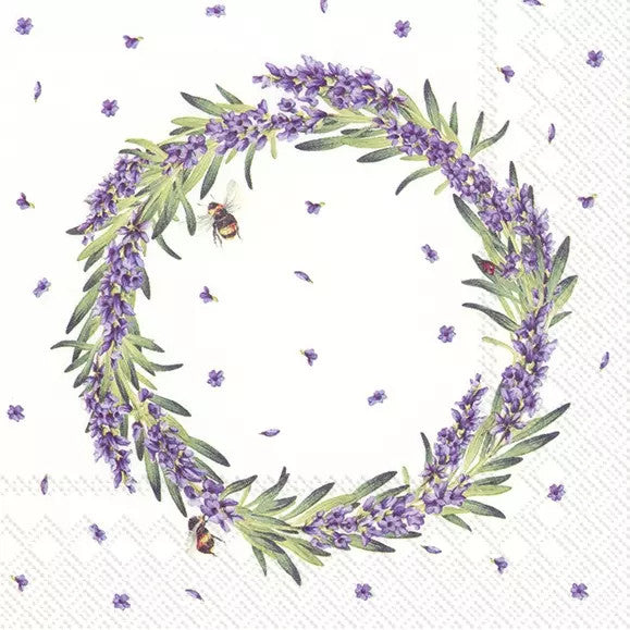 These Lavender Bee Wreath Decoupage Paper Napkins are of exceptional quality and imported from Europe. They are 3-ply and have a silky feel, with vivid ink colors that don't bleed when moistened