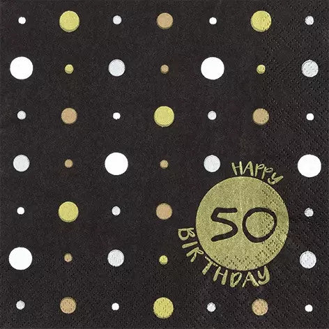 These  black and gold polka dot Happy 50th Birthday Decoupage Paper Napkins are exceptional quality. Imported from Europe. Ideal for Decoupage Crafting, DIY craft projects, Scrapbooking, Cardmaking