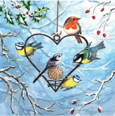 These Heart Shaped Feeder with Birds Decoupage Paper Napkins are Imported from Europe. Ideal for Decoupage Crafting, DIY craft projects, Scrapbooking, Mixed Media