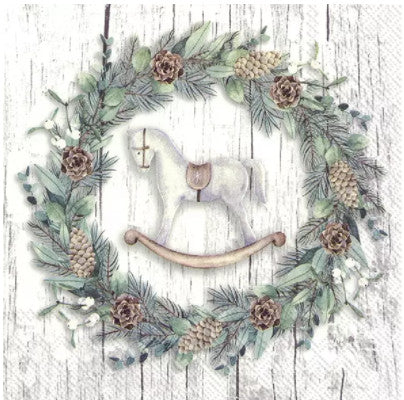 These White Christmas Wreath with Rocking horse and pine cones Decoupage Paper Napkins are exceptional quality. Imported from Europe. Ideal for Decoupage Crafting, DIY craft projects, Scrapbooking, Mixed Media