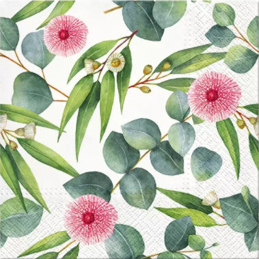 These Eucalyptus leaves and pink flowers  Decoupage Paper Napkins are of exceptional quality. Imported from Europe.  3-ply, silky feel, and vivid ink colors. Ideal for Decoupage Crafting, DIY craft projects, Scrapbooking, Mixed Media
