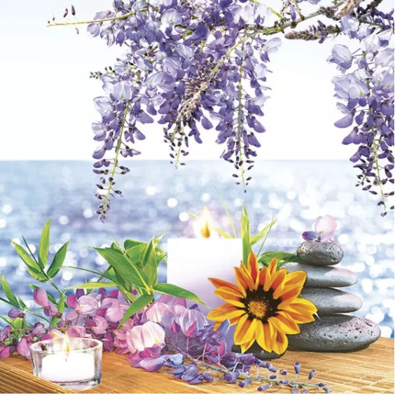 These Delightful Spa by the ocean with Wisteria and flowers Decoupage Paper Napkins are Imported from Europe. Ideal for Decoupage Crafting, DIY craft projects, Scrapbooking