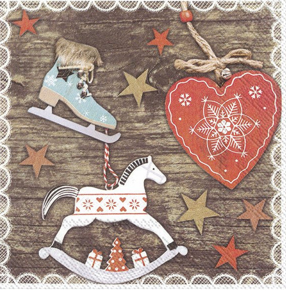 These Decoupage Country Christmas with Rocking horse, Ice Skate and heart on wood Paper Napkins are Ideal for Decoupage Crafting